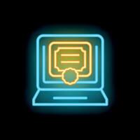 Neon icon of online certificate program on laptop screen vector