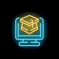 Neon icon of graduation hat displaying on computer screen for online education concept vector