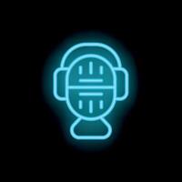 Neon icon of studio microphone with headphones glowing blue on black background vector