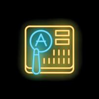 Neon icon of magnifying glass analyzing website code with letter a vector