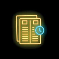 Neon icon of documents with clock showing time limit for reading vector