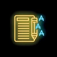Neon icon of a pencil writing a plus grades on a sheet of paper vector
