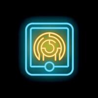 Neon glowing symbol of a mobile phone with a labyrinth game on its screen vector