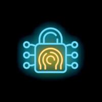 Neon padlock icon representing cybersecurity and data protection vector
