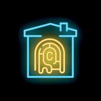 Neon sign showing a house containing a fingerprint with a maze inside vector