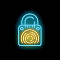 Neon fingerprint lock icon glowing on dark background vector