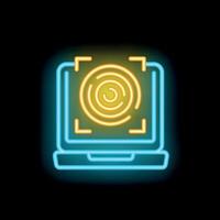 Laptop scanning fingerprint access with hud interface neon sign on black background vector