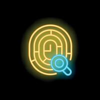 Neon fingerprint maze being inspected with magnifying glass vector