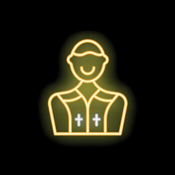 Yellow neon icon of a smiling priest with a cassock on a black background vector