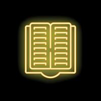 Glowing neon line icon representing an open book, isolated on a black background vector