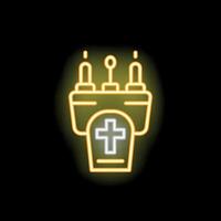 Neon sign showing a graveyard tombstone with a cross and three candles burning in the dark vector