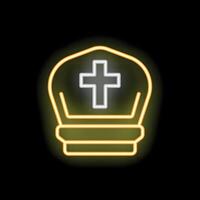 Neon yellow zucchetto with glowing cross sign on black background vector