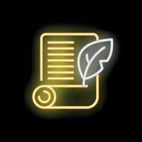 Neon style icon of feather writing on paper scroll vector