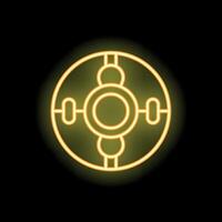 Neon icon of spaceship flying in space with glowing windows on black background vector