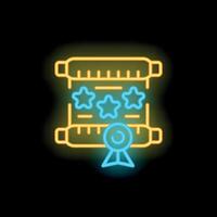 Neon icon of diploma with a seal and three stars representing a high achievement vector