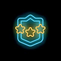 Neon shield with three stars shining brightly on black background vector