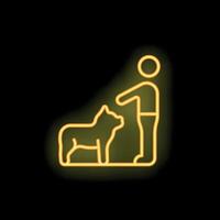 Neon icon of a man petting a dog with glowing lines on black background vector
