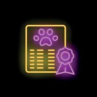 Neon icon of dog training certificate with ribbon and paw print vector
