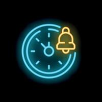 Neon icon of clock showing time passing with alarm bell ringing vector