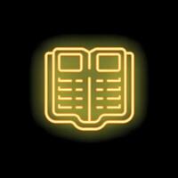 Yellow neon open book glowing on a black background vector