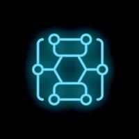 Neon blue blockchain technology icon glowing on black background vector