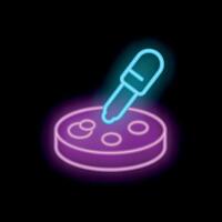 Neon icon of a pipette dripping liquid on a petri dish vector