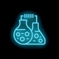 Neon icon of chemical round bottom flasks with bubbling solution for science experiment vector