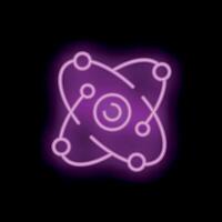 Glowing neon purple atom structure icon with electrons orbiting a nucleus vector