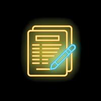 Neon icon of pencil writing on document representing content creation process vector