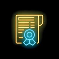 Neon icon of official document with blue guarantee seal representing trust and quality vector