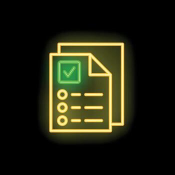 Neon icon of documents with checkmark representing completed task vector