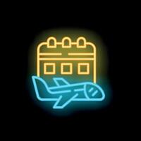 Neon icon of airplane taking off from calendar representing travel planning vector