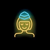 Neon icon of smiling stewardess wearing hat on black background vector