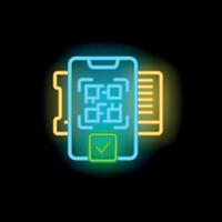 Smartphone scanning qr code with checkmark in neon style vector