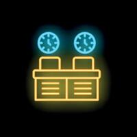 Neon sign representing working overtime with two clocks and two desks vector