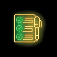 Neon sign glowing checklist with pen completing tasks icon vector
