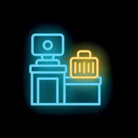 Neon airport check in counter with monitor and luggage passing through security scanner vector