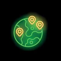 Neon green world globe showing location pins icon graphic on black background vector