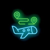 Neon airplane icon showing travel itinerary with location pins vector