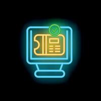 Neon icon of online ticket booking confirmation on computer screen vector