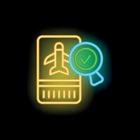 Neon icon of magnifying glass validating airplane ticket vector