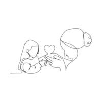 Abstract mother with a child in continuous one line drawing art style. Mothers Day card. Woman hugging her baby. vector