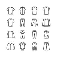 This image features a collection of simple icons representing various clothing items for men, women, and children. vector
