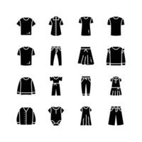 This image features a collection of simple icons representing various clothing items for men, women, and children. vector