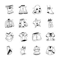 A collection of vibrant, flat lay illustrations of various womens clothing items vector