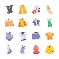 A collection of vibrant, flat lay illustrations of various womens clothing items vector