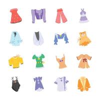A set of twelve flat, colorful illustrations depicting various womens clothing items. vector