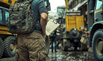 A man with a backpack standing in front of a military vehicle video