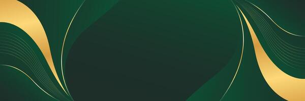 Green emerald luxury banner background with gold lines. Abstract wave background design vector