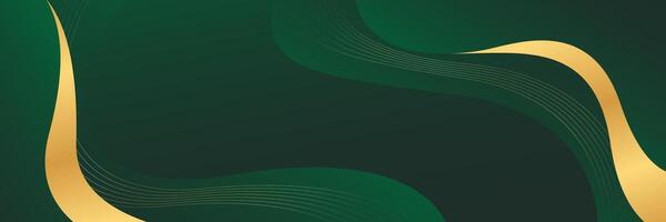 Green emerald luxury banner background with gold lines. Abstract wave background vector